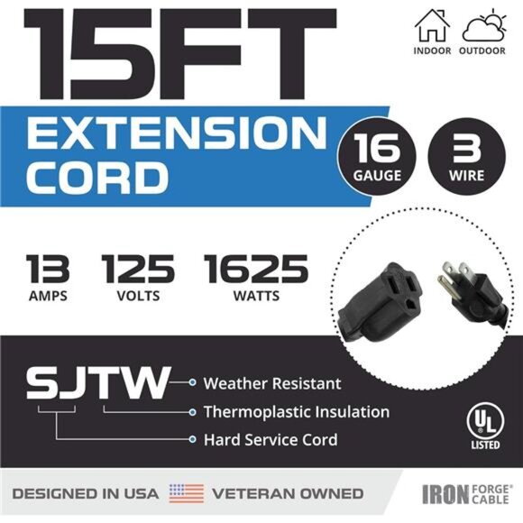 2 Pack Outdoor Extension Cord 15 ft, 16/3 SJTW Heavy Duty Black Extension Cord - Picture 2 of 7